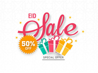 Eid Sale Poster Design With 50% Discount Offer, Colorful Gift Boxes, Stars On White Islamic Pattern Background.