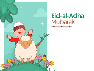 Eid-Al-Adha Mubarak Greeting Card With Cheerful Islamic Boy, Cartoon Sheep, Floral On White And Turquoise Background.