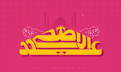 Yellow Arabic Calligraphy Of Eid-Ul-Adha Mubarak With Line Art Sheep On Pink Silhouette Mosque Background.