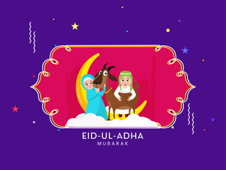 Eid-Ul-Adha Mubarak Concept With Islamic Couple Holding Goat, Crescent Moon On Red And Purple Background.