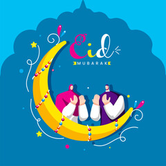 Naklejka premium Eid Mubarak Celebration Concept With Islamic Couple Offering Namaz (Prayer) And Crescent Moon On Blue Background.