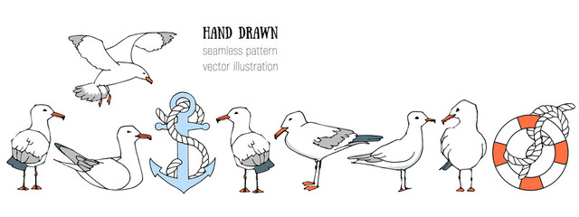 Hand drawn summer seaside horizontal seamless pattern. Sketch gull, seabird, flying seagull, anchor. Marine print in cartoon style. Doodle vector illustration. Sea, ocean, beach, sail. Border design
