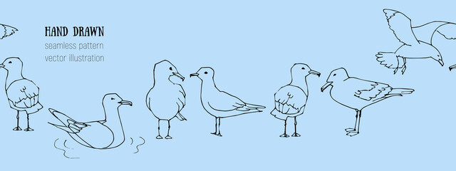Hand drawn summer seaside horizontal seamless pattern. Sketch gull, seabird, flying seagull, anchor. Marine print in cartoon style. Doodle vector illustration. Sea, ocean, beach, sail. Border design
