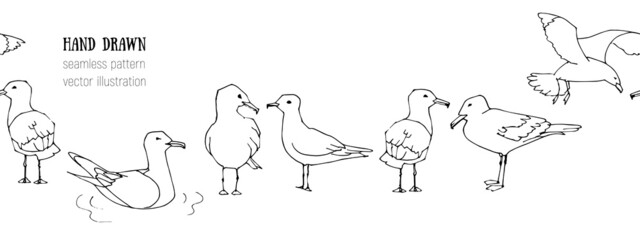 Obraz premium Hand drawn summer seaside horizontal seamless pattern. Sketch gull, seabird, flying seagull, anchor. Marine print in cartoon style. Doodle vector illustration. Sea, ocean, beach, sail. Border design 