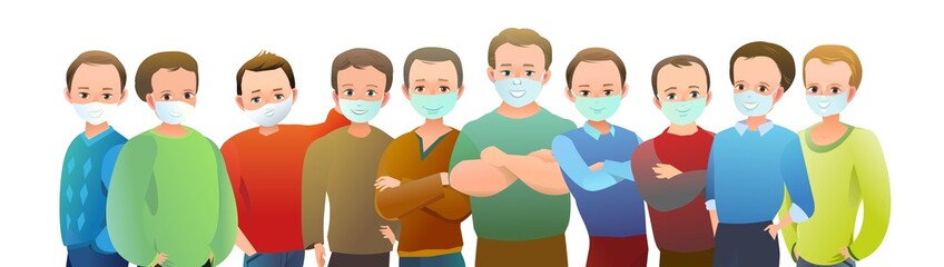 Handsome little boys in mask. Cheerful middle aged teens. Cheerful person. Standing pose. Cartoon comic flat design. Single character. Illustration isolated on white background. Vector