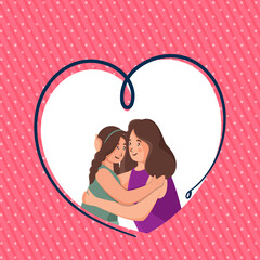 Young Lady Hugging Her Daughter Over White Heart Shape On Pastel Red Dotted Pattern Background.