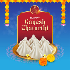 Sweet dessert Modak in plate - Happy Ganesh Chaturthi illustration with festival elements