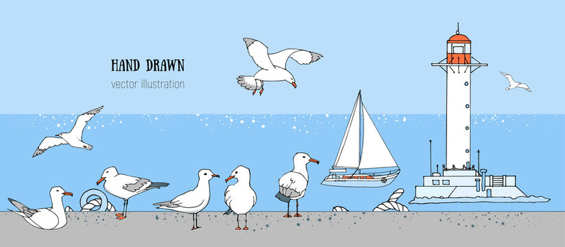 Hand drawn summer seaside background. Sketch gull pattern, seabird, flying seagull , lighthouse, anchor, yacht, boat. Marine print in cartoon style. Doodle vector illustration. Sea, ocean, beach, sail