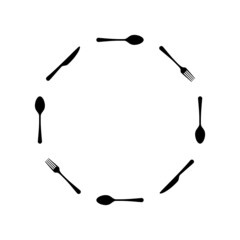 Spoon, fork and knife circle icon isolated on white background