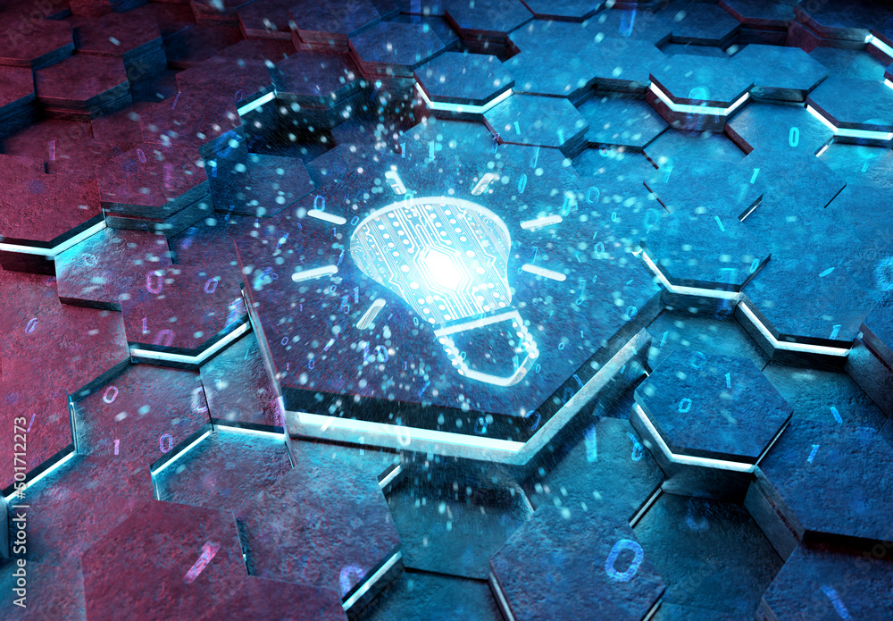 Aufkleber Lightbulb icon creativity concept engraved on metal hexagonal pedestral background. Innovation symbol glowing on abstract digital surface. 3d rendering