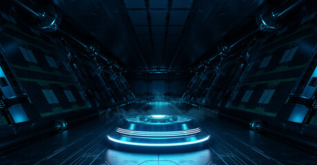 Blue spaceship interior with projector. Futuristic corridor in space station with glowing neon lights background. 3d rendering