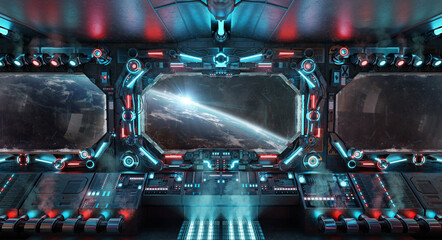 Dark spaceship interior with glowing blue and red lights. Futuristic spacecraft with large window view on planet Earth. 3D rendering © sdecoret