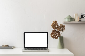 Desk with laptop screen, desk objects, office supplies, books, and plant on bright background.	