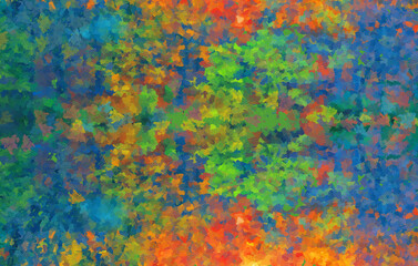 Background of orange, blue, green brushstrokes in oil on canvas in the style of modern impressionism.