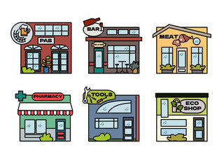 set of colorful vector images of houses and shops