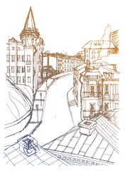 Vector trace of hand drawn sketch of architecture urban skyline, an ancient buildings on the old street in Kyiv, Ukraine. Blue gold doodle drawing on a white background 