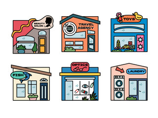 set of colorful vector images of houses and shops