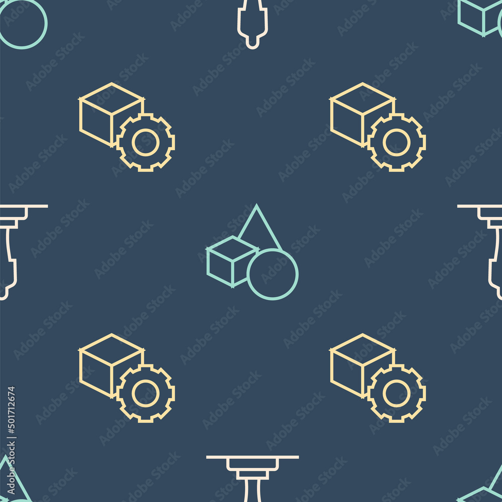 Poster set line 3d printer model, isometric cube and basic geometric shapes on seamless pattern. vector