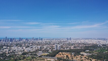 Fototapeta na wymiar defaultTel Aviv City Panorama Aerial view in summer Drone view over tel aviv cityscape with skyscrapers, 2022 
