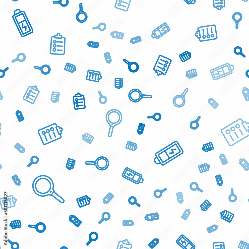 Aufkleber set line magnifying glass, battery and to do list or planning on seamless pattern. vector
