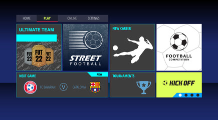 Graphic Template for menu in sport bet website, football application or soccer video game. Layout for presentation screen with seperated groups. Tournament layers, competition and abstract elements