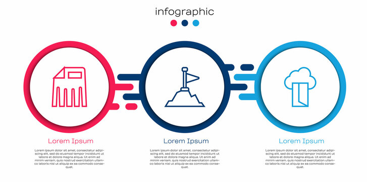 Set Line Paper Shredder, Mountains With Flag On Top And Cloud Database. Business Infographic Template. Vector