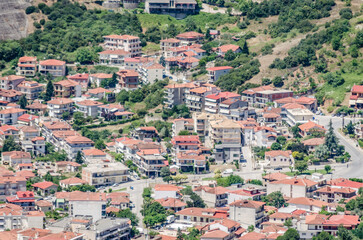 Fototapeta premium Mount Meteora near the Greek city of Kalambaka, in western Thessaly. Panoramic view of Mount Meteora from the city of Kalambaka in Greece.