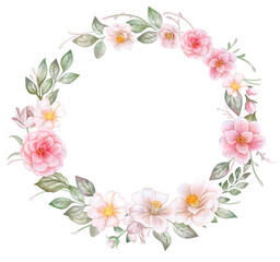 Floral round wreath, ring, frame with white and pink roses, camellia isolated on white background. Watercolor - obrazy, fototapety, plakaty