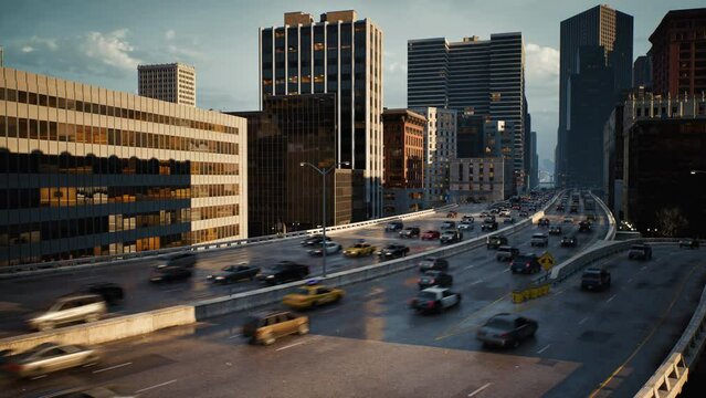 View To The Motorway Intersection In New York. Gridlock Massive City Traffic In Downtown Big City. USA, North America