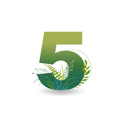 Number 5 vector illustration with twigs, leaves and grass. Natural style.