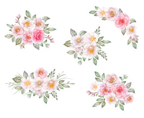 camellia, roses floral frame, ring, wreath of pink, white flowers with leaves, vignette isolated on white background. Bouquet. Templates. Watercolor. Illustration. Hand drawing. Greeting card design.