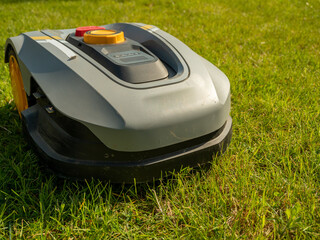 automatic lawn mower robot moves on the grass, lawn. side view from above, copy space