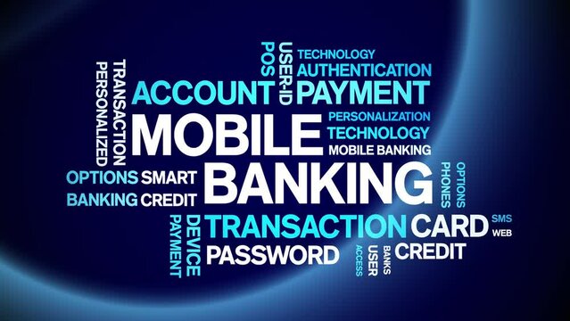 Mobile Banking animated tag word cloud;text design animation kinetic typography seamless loop.