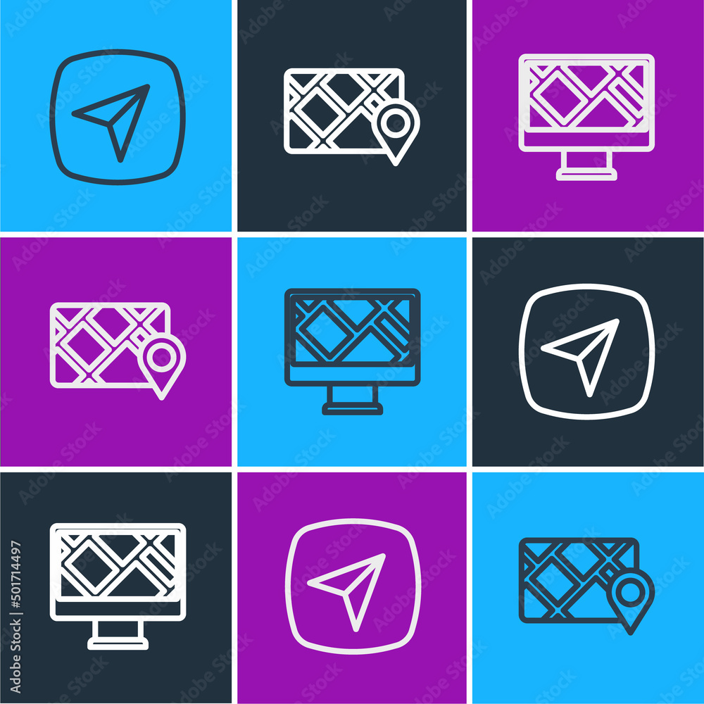 Poster set line city map navigation, monitor with location and gps device icon. vector