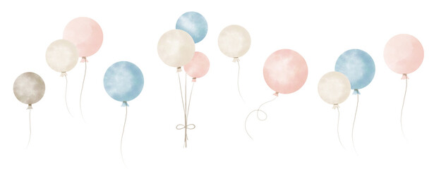 Air Balloons. Hand drawn Watercolor illustration with light blue and pink round Ballons. Cute set for birthday party - obrazy, fototapety, plakaty