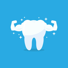 Strong Muscle Healthy Tooth vector icon. White tooth with biceps on blue background. Vector illustration EPS 10