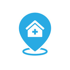 Hospital location vector icon. Clinic building map pin symbol in blue. Vector illustration EPS 10