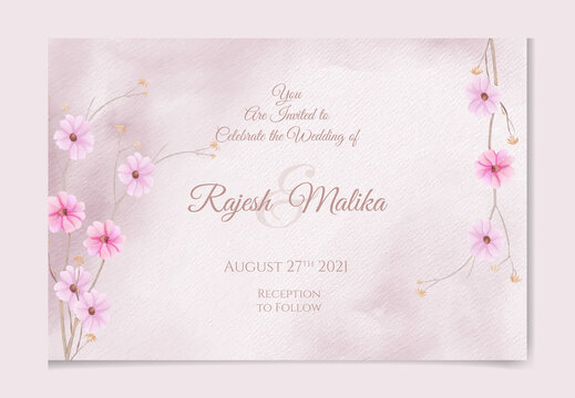 Wedding invitation template with Thank you card, white pink watercolor floral flower and leaves. with floral and leaves, watercolor style for printing, badge. vector illustration
