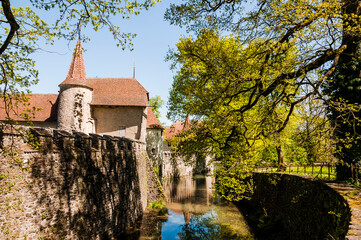 Obraz premium Seengen, Schloss Hallwyl, Wasserschloss, Burg, Hallwilersee, See, Spazierweg, Insel, Aabach, Aargau, Frühling, Schweiz