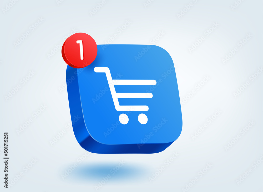 Aufkleber Web shopping cart concept. 3d vector mobile application icon with notification