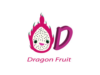 D for Dragon fruit Alphabet Vector illustration. Fruit and Vegetables Name Alphabet symbol. Kids Nursery isolated on white background, Clip Art, Cute, Cartoon ABC