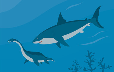 Prehistoric underwater shark megalodon vs plesiosaurus. Predatory sea fish. Scary jaws with teeth. Wildlife of the Jurassic period. Vector illustration