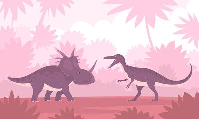 Styracosaurus vs baryonyx. Lizard fight. Ceratops with dangerous horns. Ancient pangolin. Dinosaur of the Jurassic period. Vector cartoon illustration of prehistoric forest background