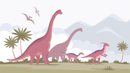 Big brachiosaurus with a long neck and parasaurolophus. Herbivorous dinosaur of the Jurassic period. Vector cartoon illustration. Prehistoric pangolin on a nature background. Wild landscape