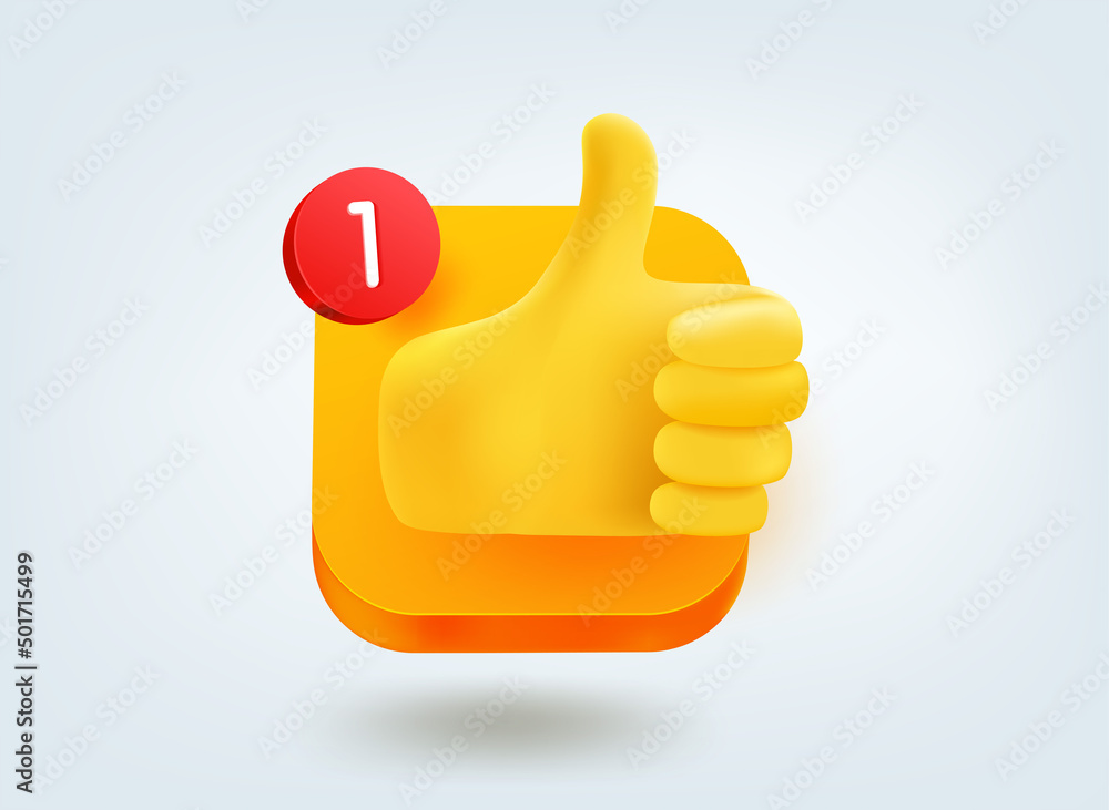 Poster thumbs up concept. 3d vector mobile application icon with notification