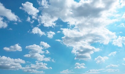 Beautiful natural skies background.  Panorama of blue sky with clouds and sun hidden behind them.  Meteorology theme, atmosphere concept, weather theme.