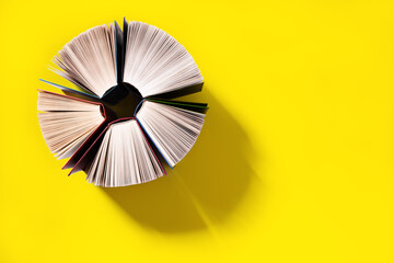 Several open books cast a shadow on a yellow background. View from above. Copy space.