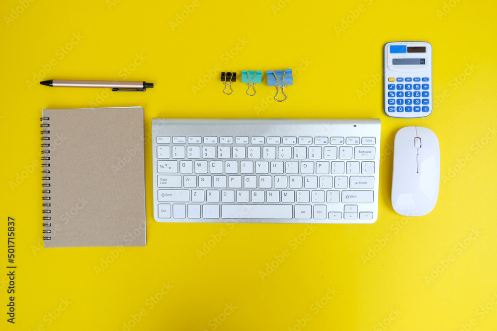 Aufkleber office desk with computer keyboard, pen, eyeglasses, and notebook top view with copy space of a cup 