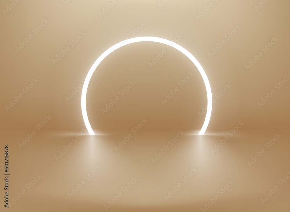 Poster golden interior with neon lamp. 3d vector showcase for display products