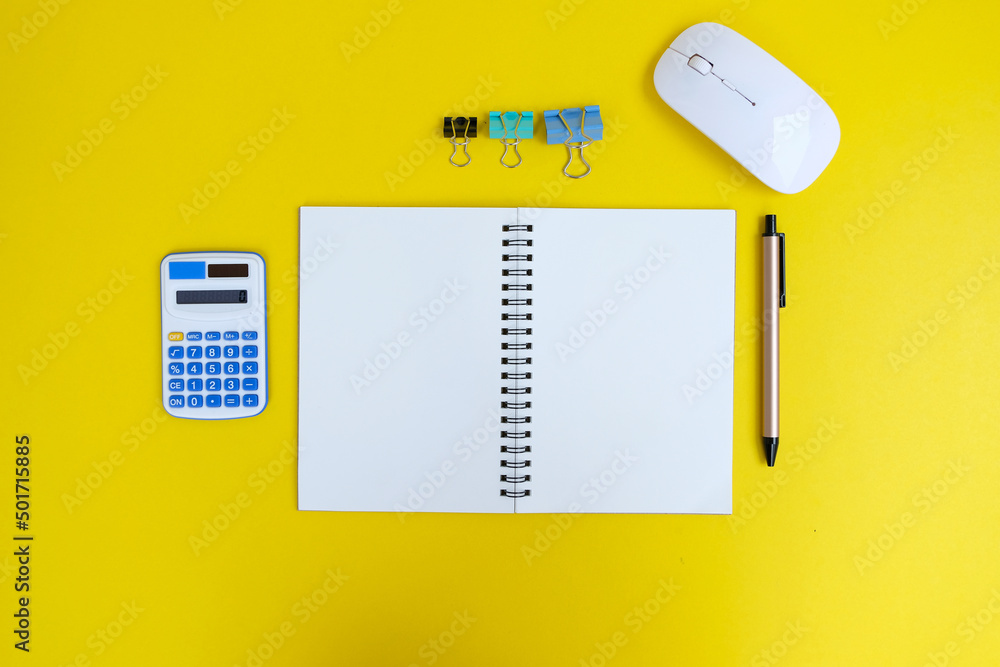 Aufkleber top view of creative designer working desk with blank screen tablet, coffee cup and glasses on backg